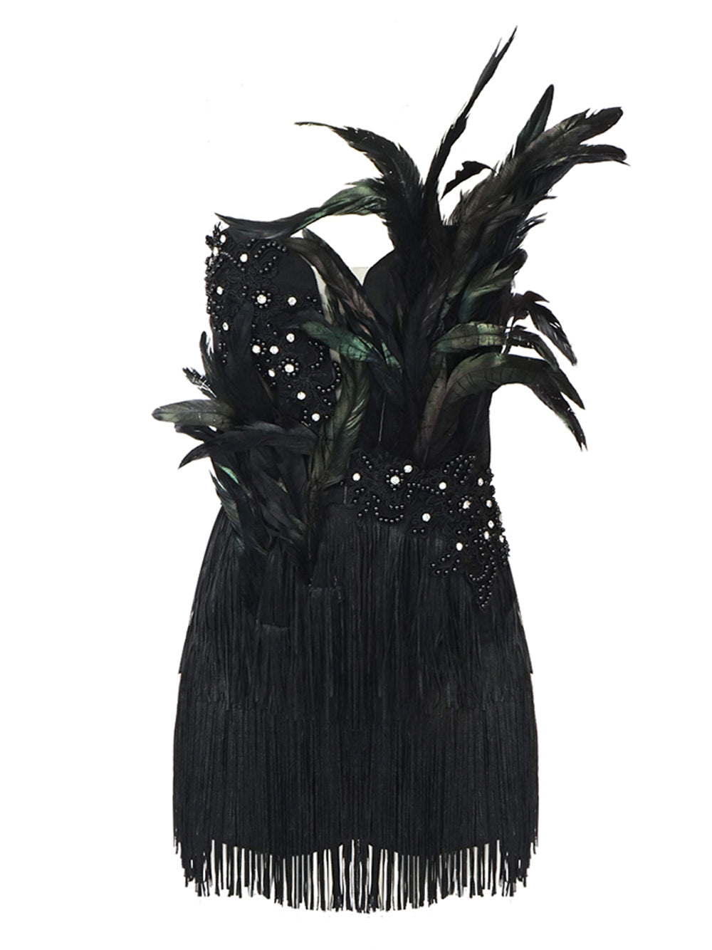Strapless Beaded Feather Applique Fringe Hem Mini Dress