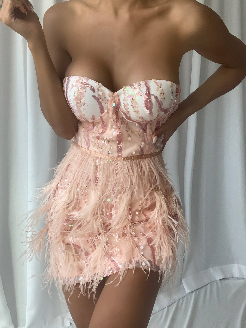 Sweetheart Sequin Bodice Feather Skirt Bustier Mini Dress 2