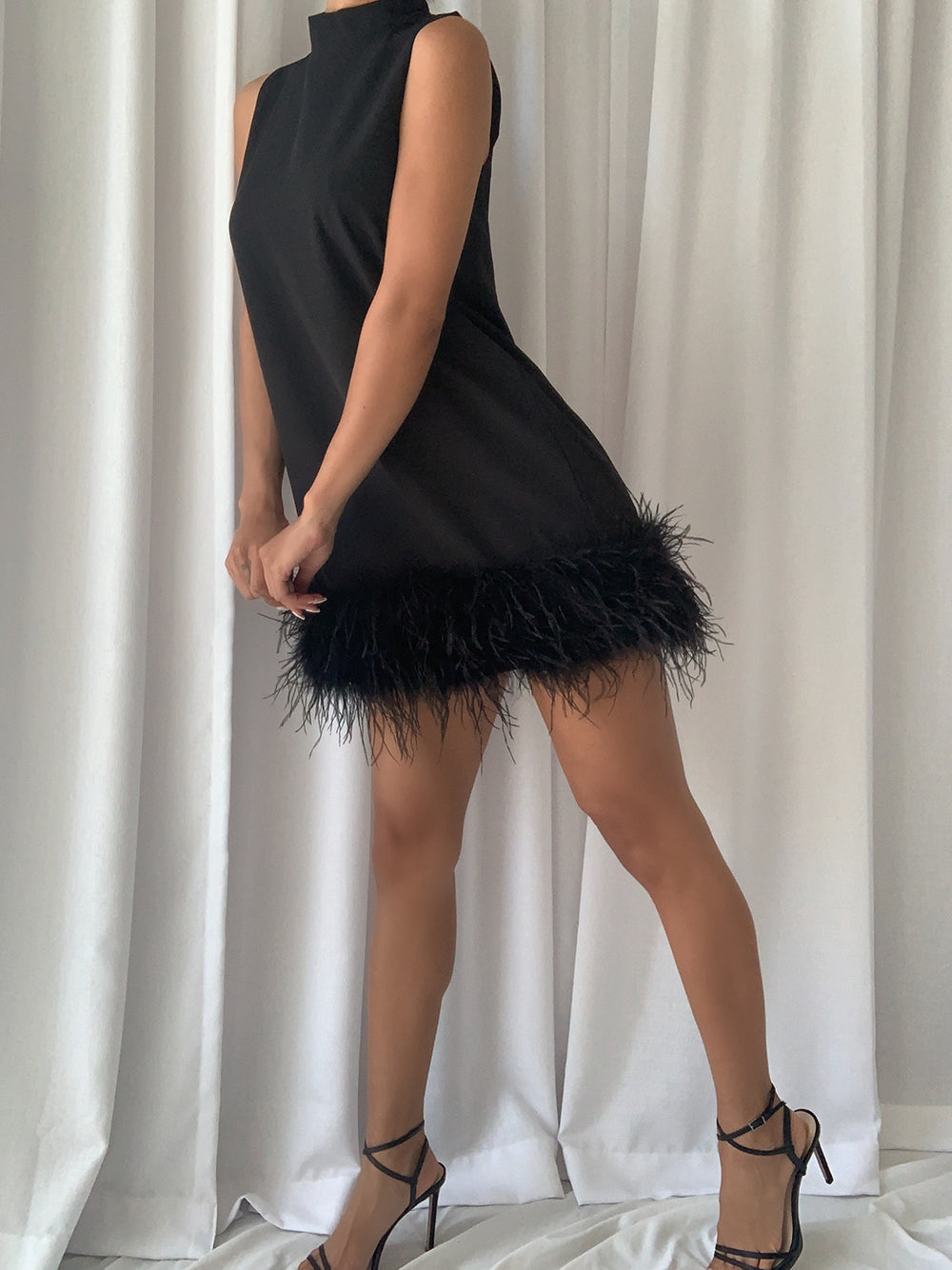 Mock Neck Sleeveless Shift Feather Trim Mini Dress 3