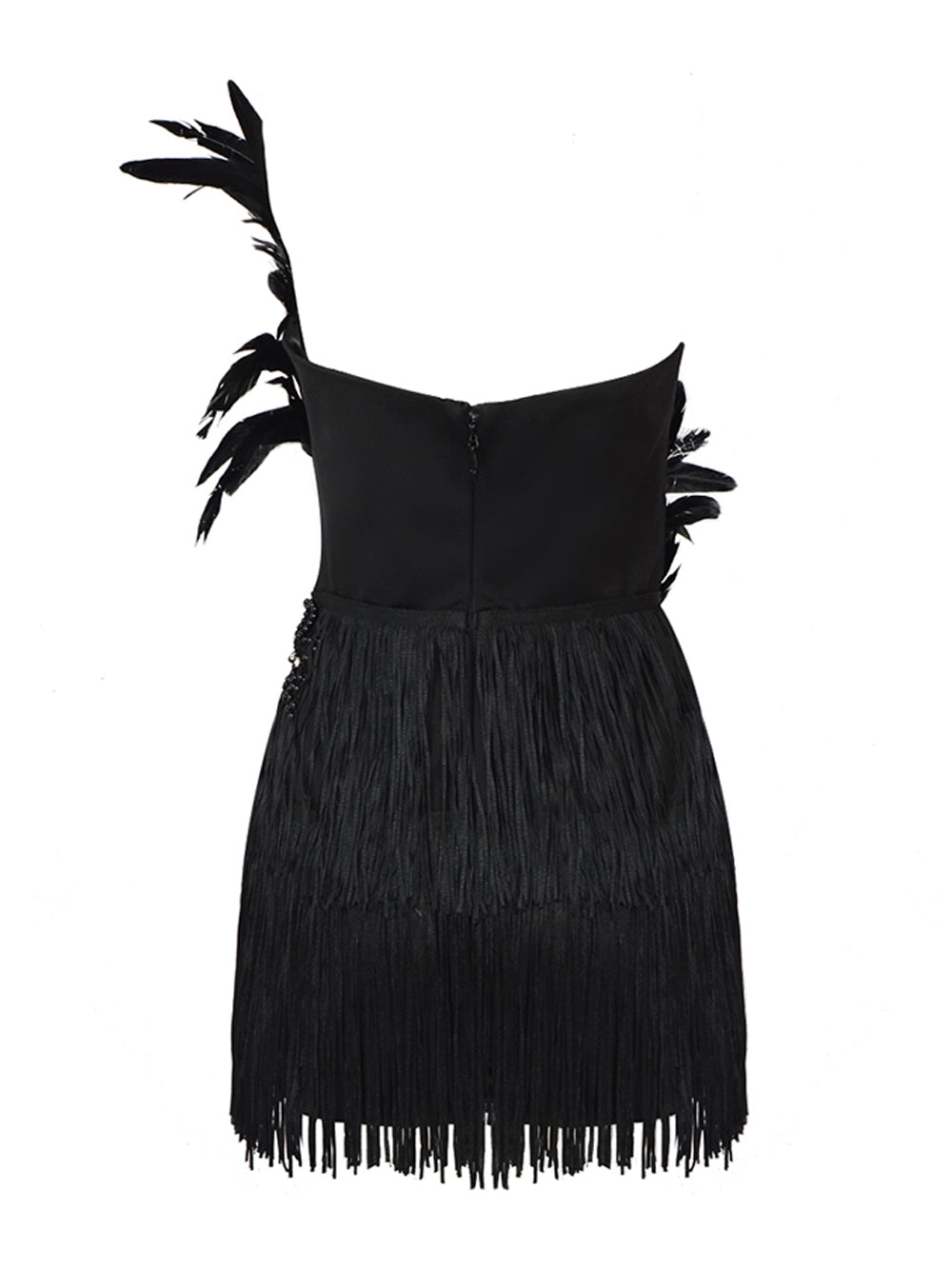 Strapless Beaded Feather Applique Fringe Hem Mini Dress 2
