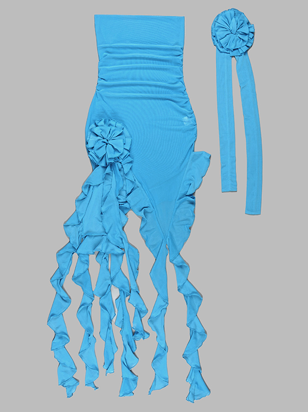 Strapless Rosette Choker Ruched Mesh Asymmetrical Ruffle Hem Mini Dress 13