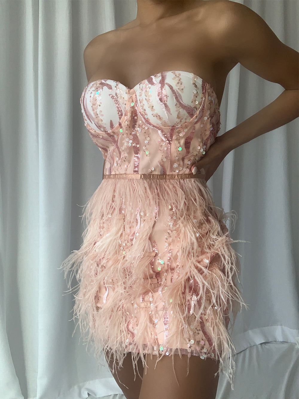 Sweetheart Sequin Bodice Feather Skirt Bustier Mini Dress