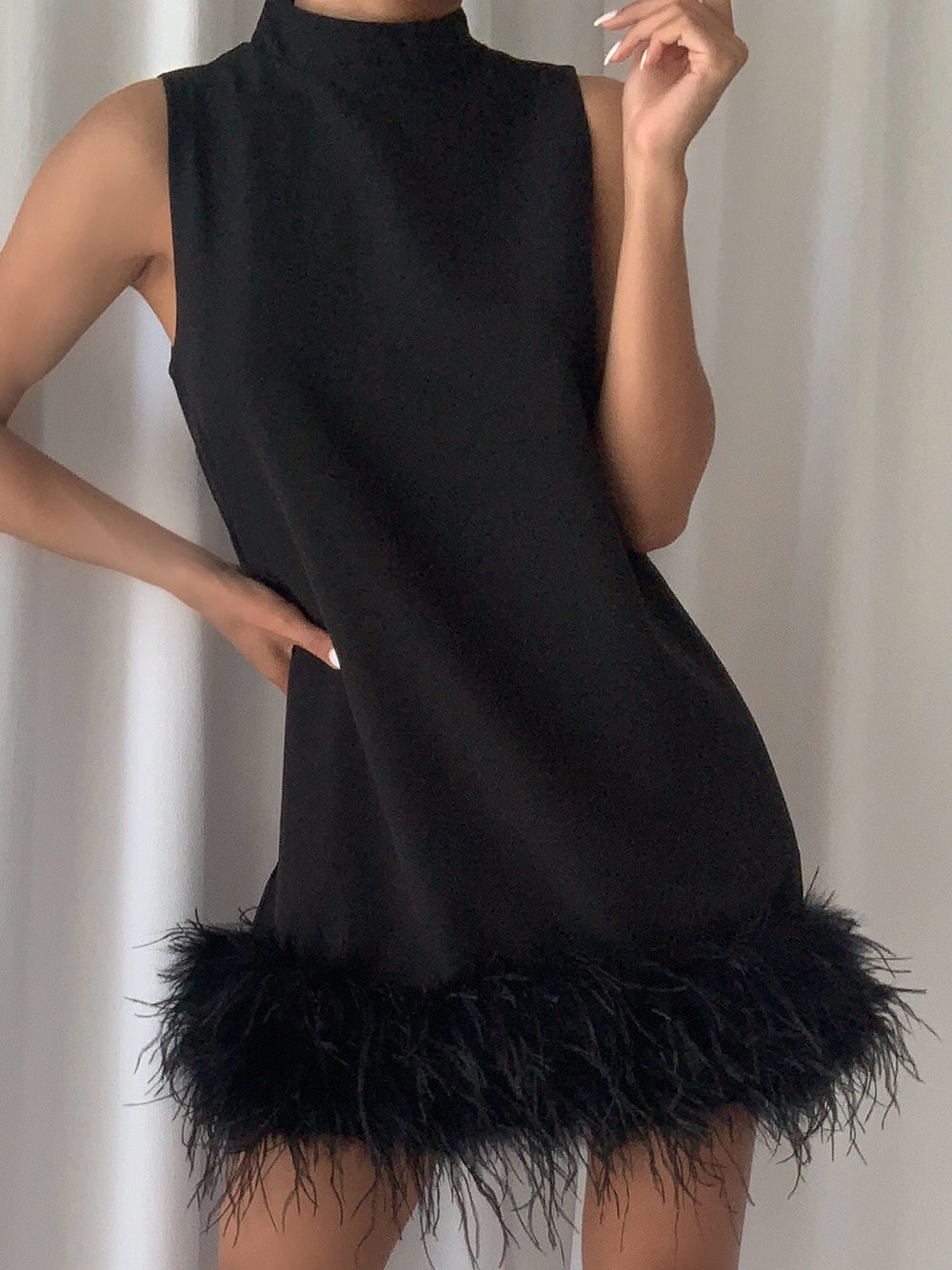 Mock Neck Sleeveless Shift Feather Trim Mini Dress 2