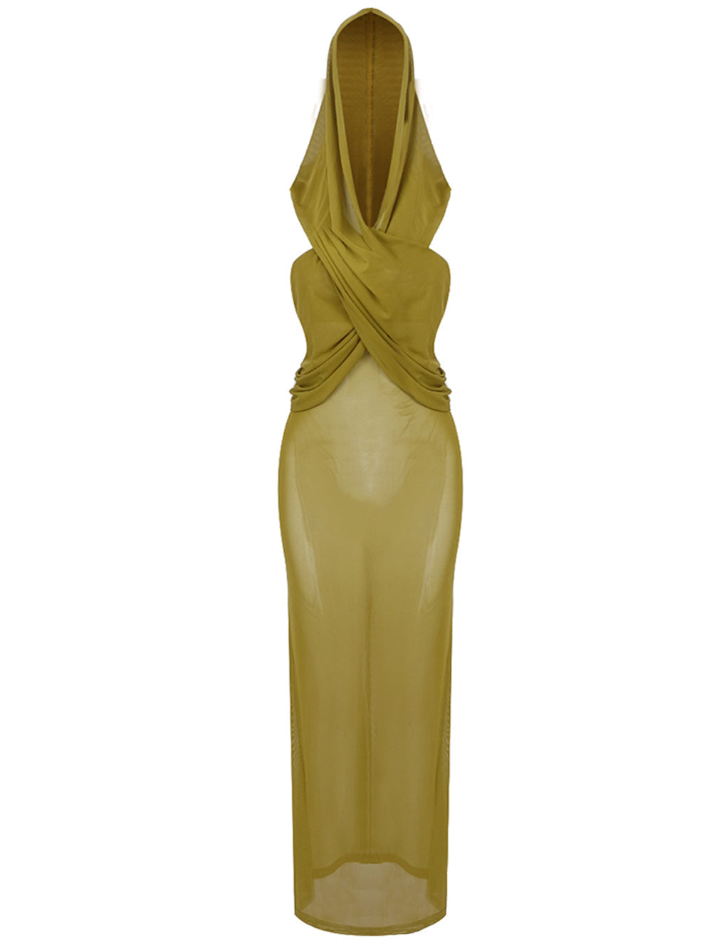 Hooded Cross Front Halter Sheer Mesh Column Maxi Dress