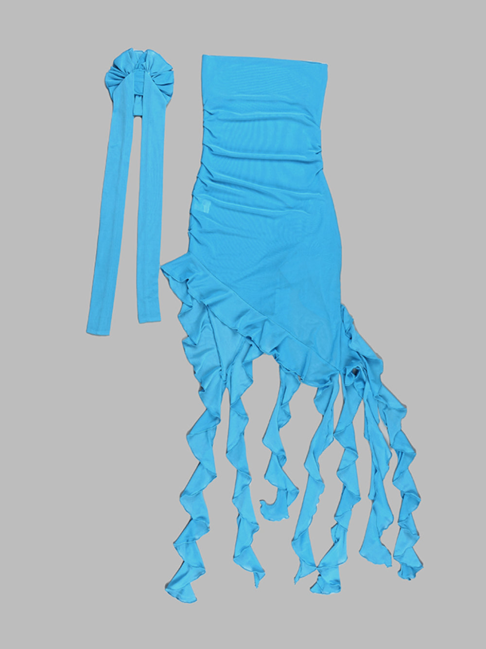 Strapless Rosette Choker Ruched Mesh Asymmetrical Ruffle Hem Mini Dress 14