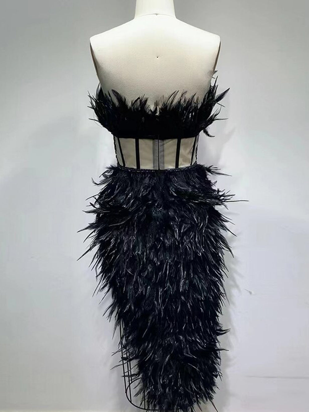 Strapless Feather Trim Fringe Mini Dress 11