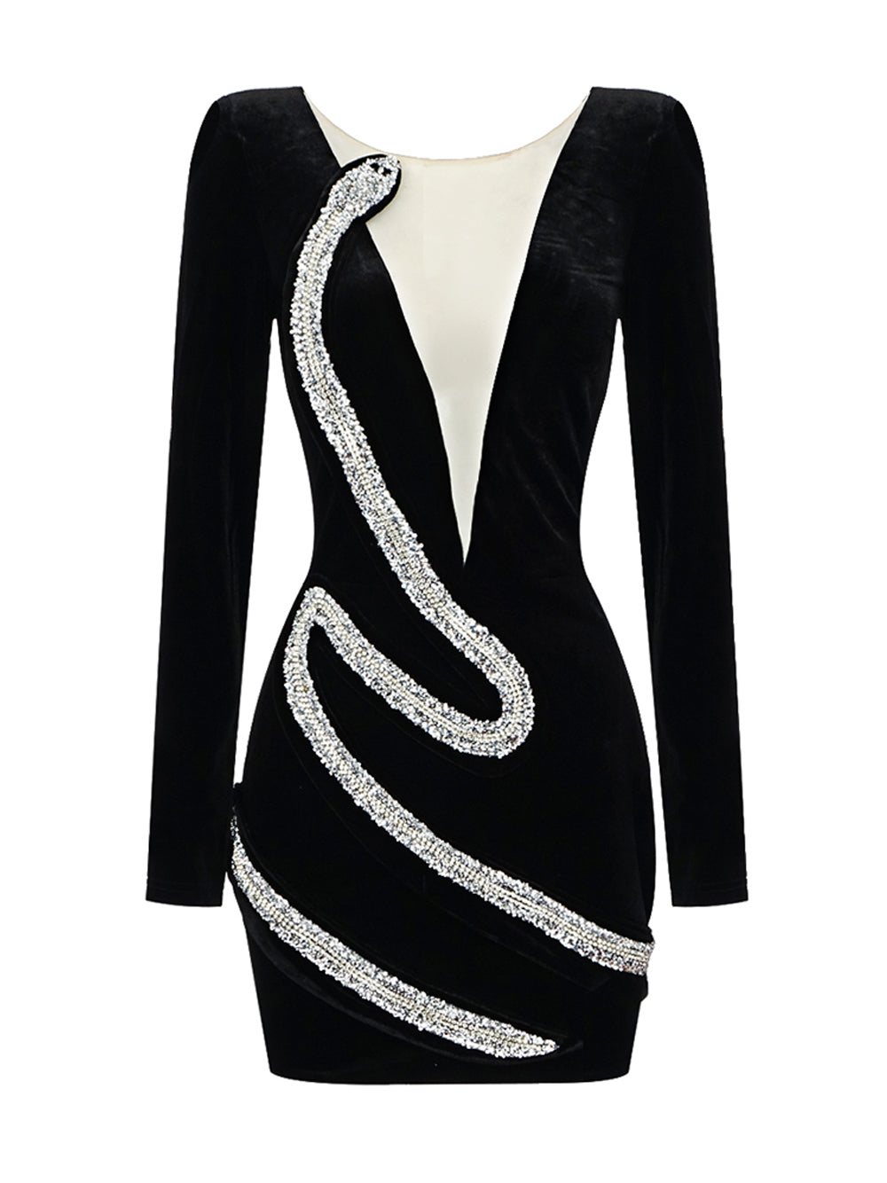Velvet Long Sleeve Mesh Panel Rhinestone Snake Bodycon Mini Dress