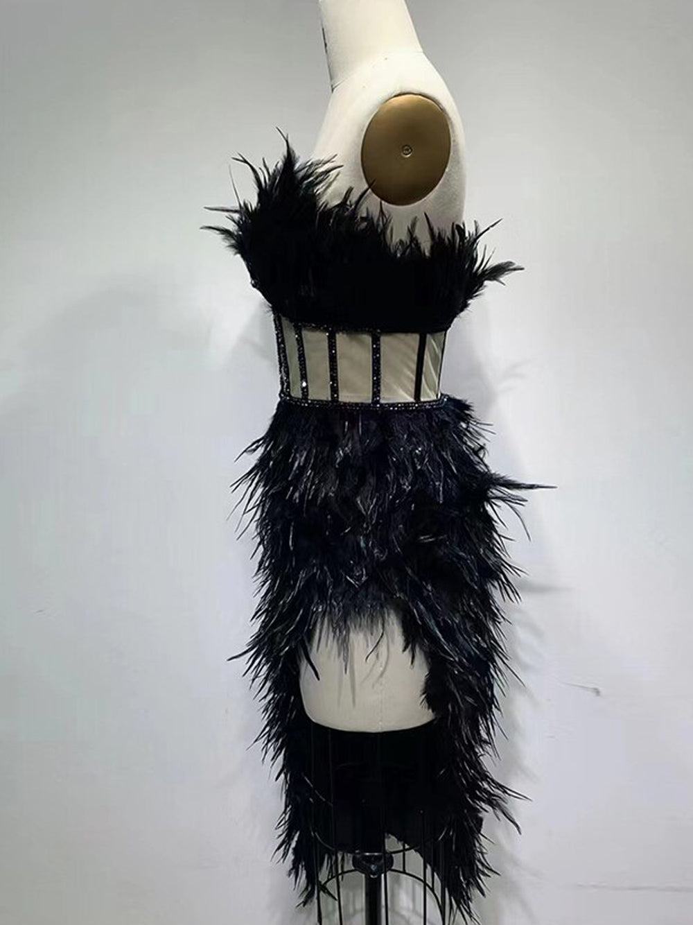 Strapless Feather Trim Fringe Mini Dress 10