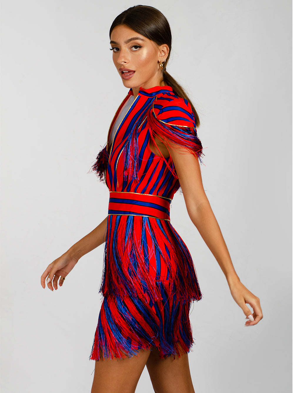Mandarin Collar Epaulette Fringe Tiered Stripe Shag Mini Dress 9