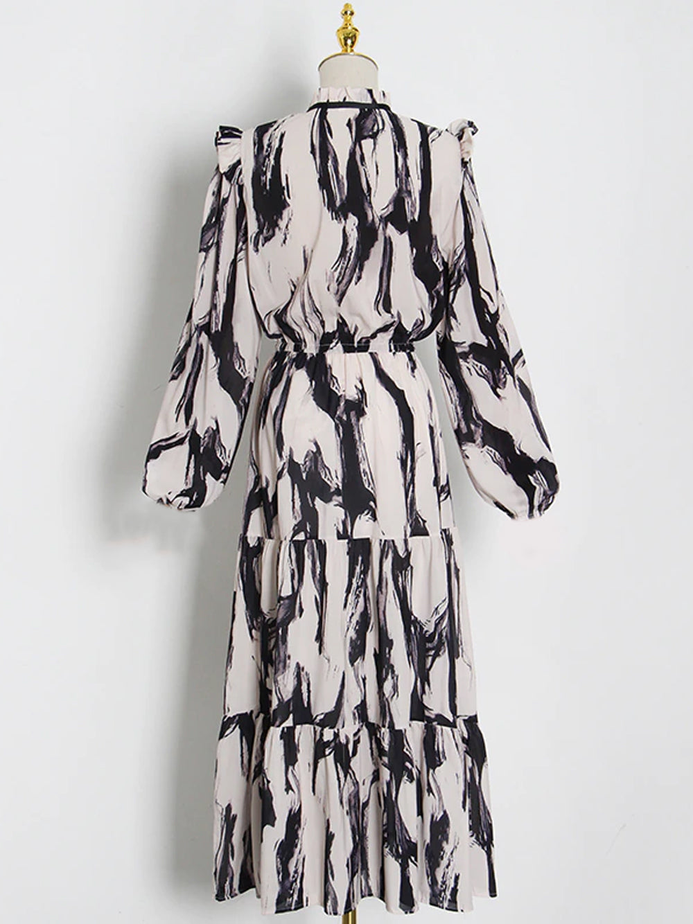 Ruffle Collar Long Sleeve Brushstroke Print Tiered Midi Dress 5