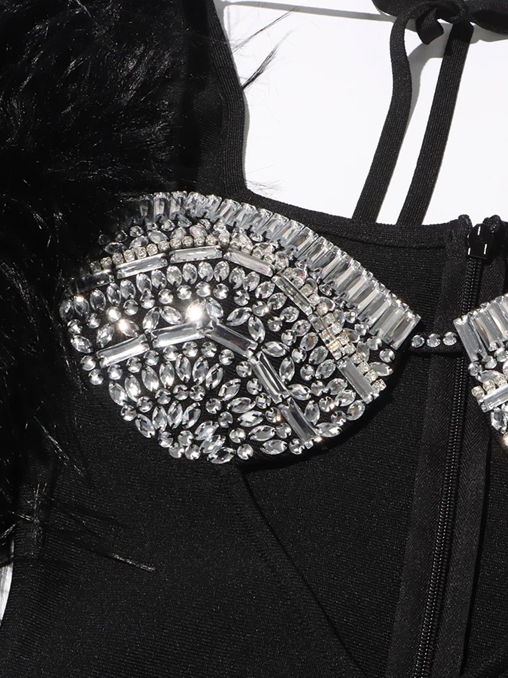 Halter Rhinestone Bust Triangle Cutout Faux Fur Sleeve Mini Dress 4