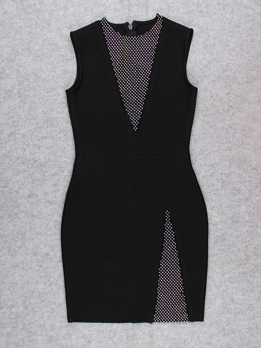 Plunging V Mesh Crystal Panel High Slit Bodycon Mini Dress 6