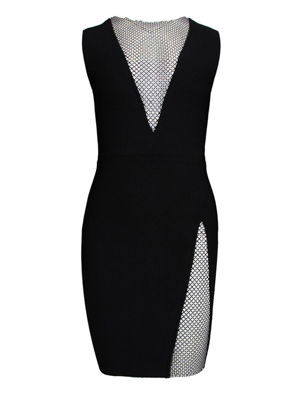 Plunging V Mesh Crystal Panel High Slit Bodycon Mini Dress 3