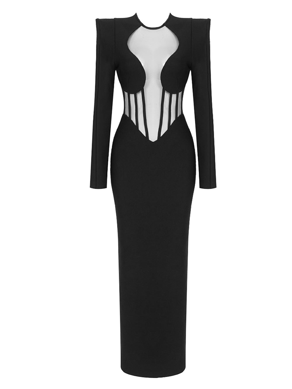 High Neck Structured Shoulder Mesh Corset Panel Bodycon Maxi Dress