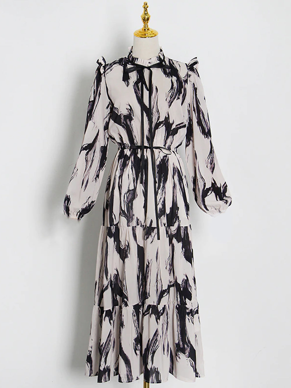 Ruffle Collar Long Sleeve Brushstroke Print Tiered Midi Dress 4
