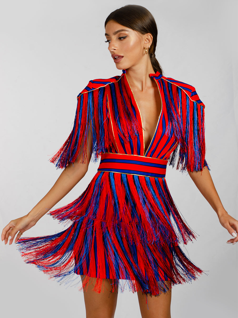 Mandarin Collar Epaulette Fringe Tiered Stripe Shag Mini Dress 8