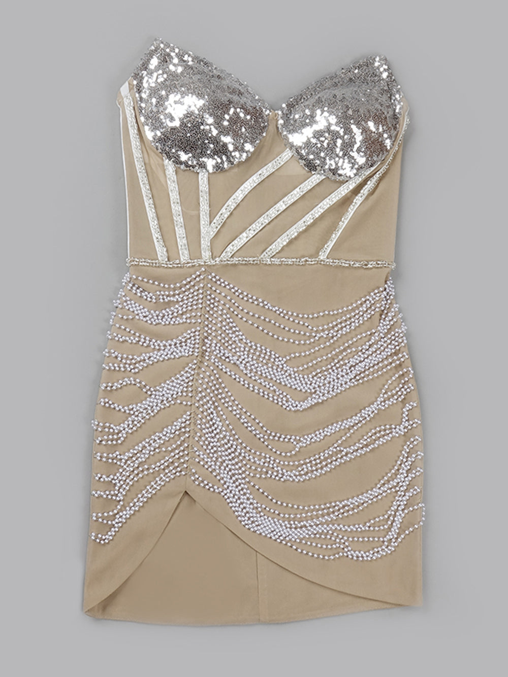 Sweetheart Sequin Bustier Beaded Corset Draped Bead Fringe Tulip Hem Mini Dress 5