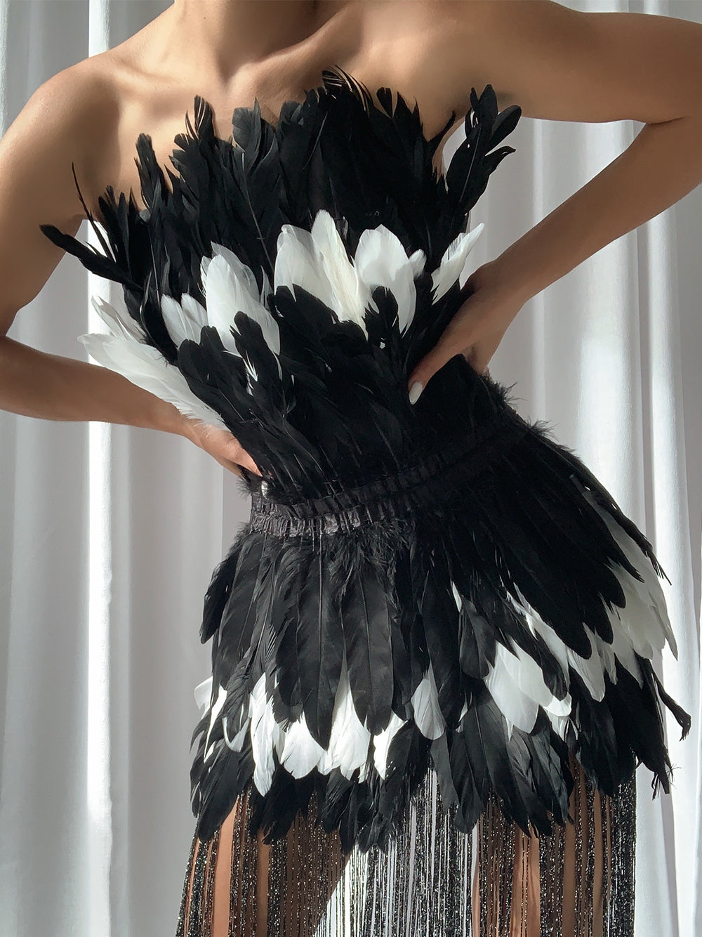 Strapless Layered Feather Mini Skirt Floor Length Fringe Hem Dress 18
