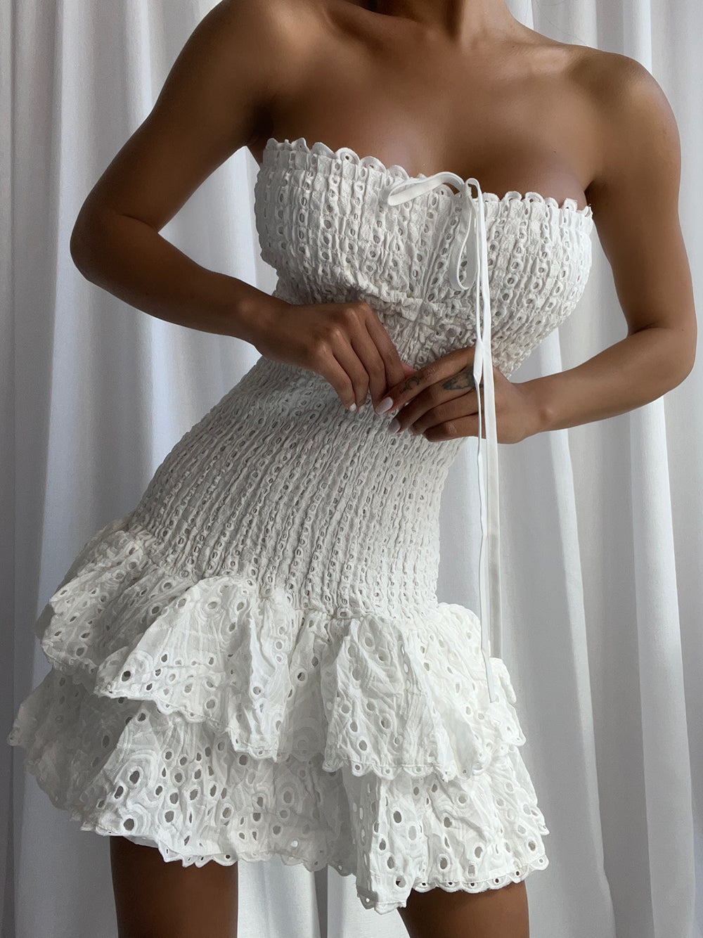 Sweetheart Ruched Bust Tiered Ruffle Mini Dress