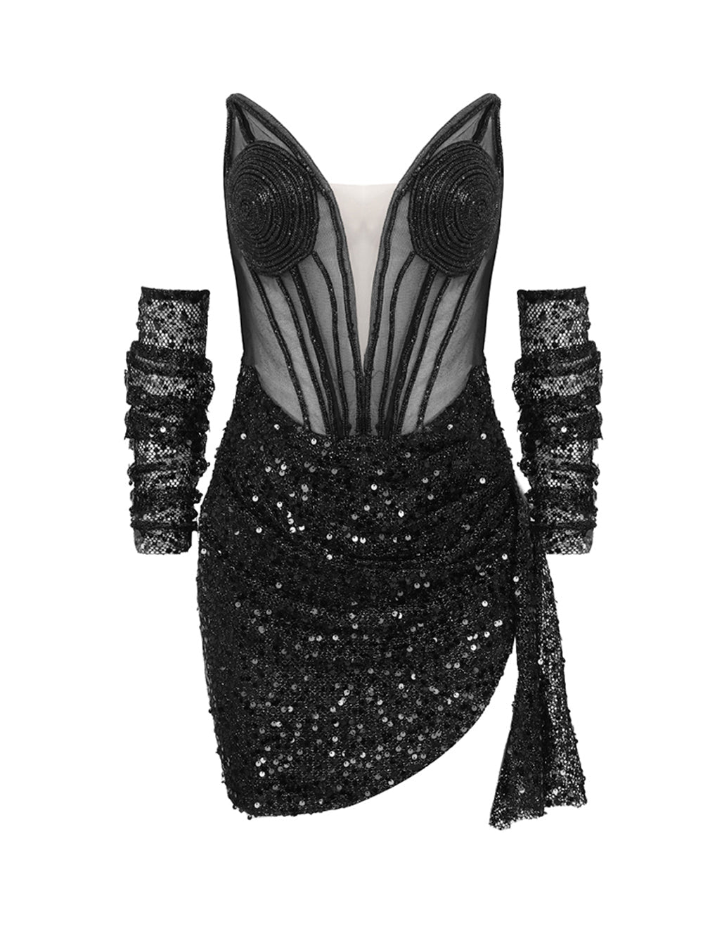 Strapless Spiral Cup Mesh Corset Sequin Ruched Mini Dress with Opera Sleeves
