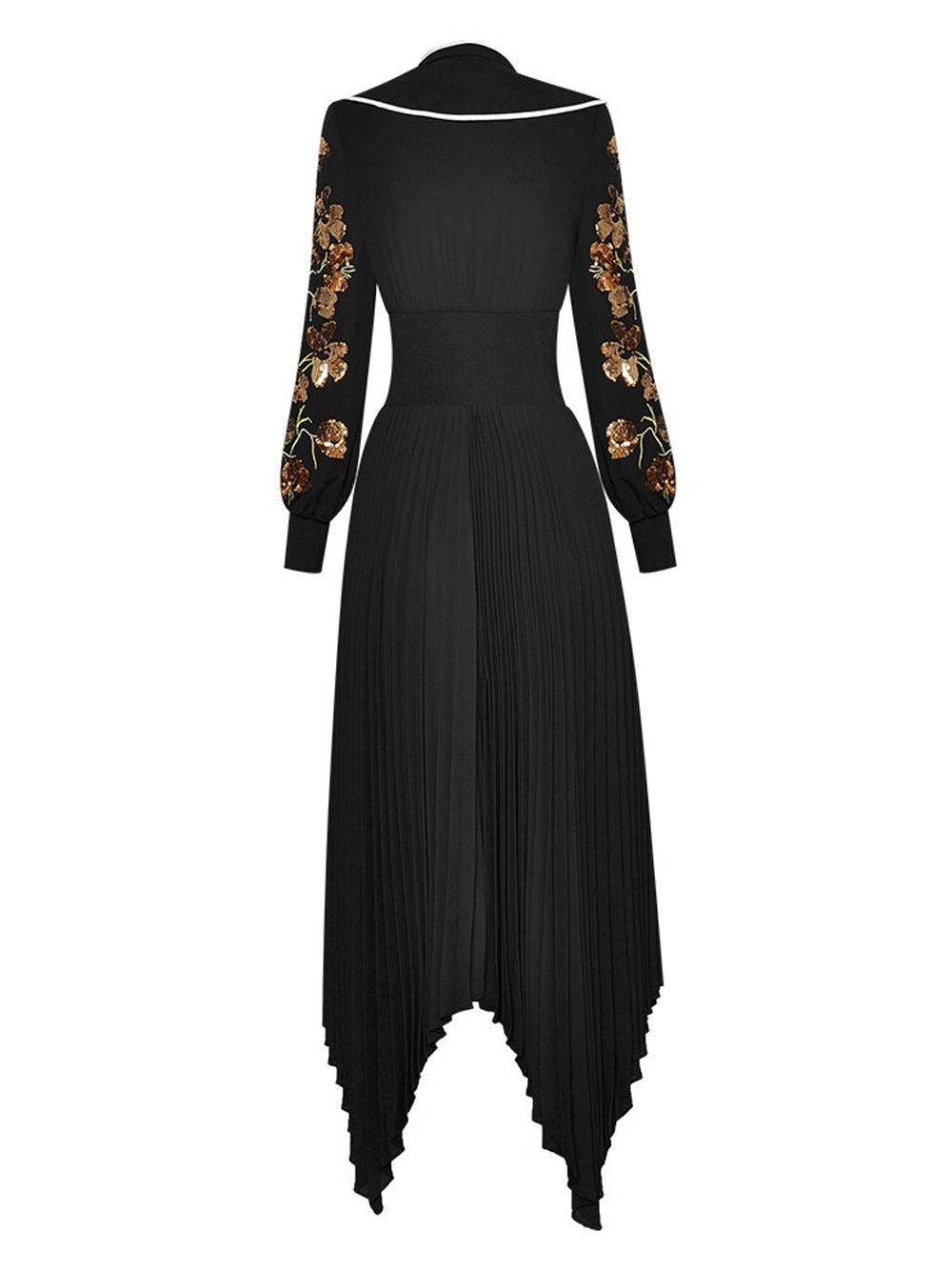 Mandarin Collar Contrast Piping Embroidered Bishop Sleeve Handkerchief Hem Midi Dress 2