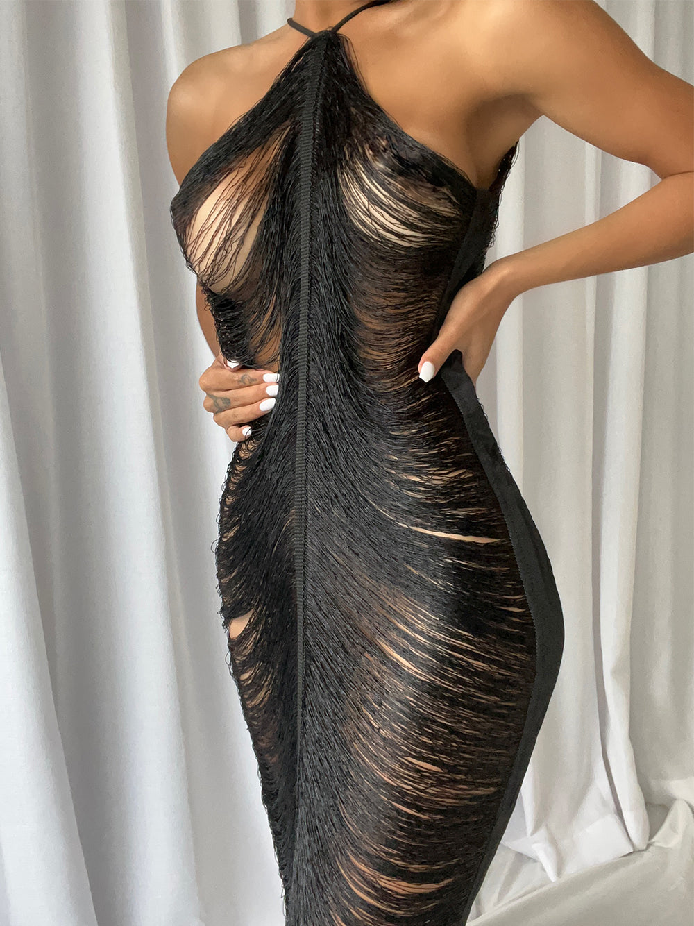 Halter Spaghetti Strap Side Cutout Horizontal Tassel Fringe Midi Dress 5