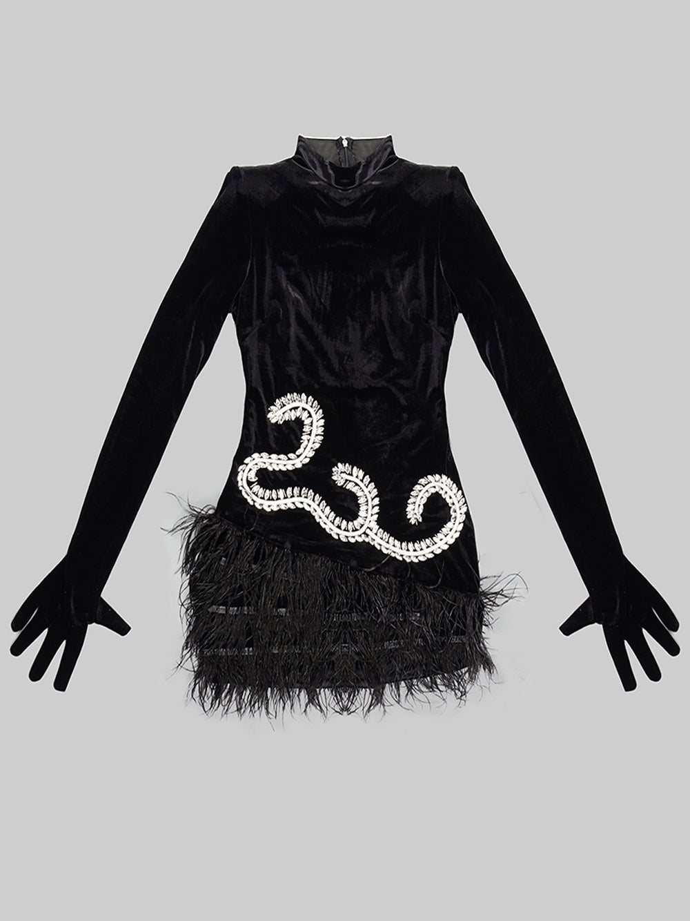 Mock Neck Integrated Glove Sleeve Rhinestone Swirl Feather Hem Mini Dress 3