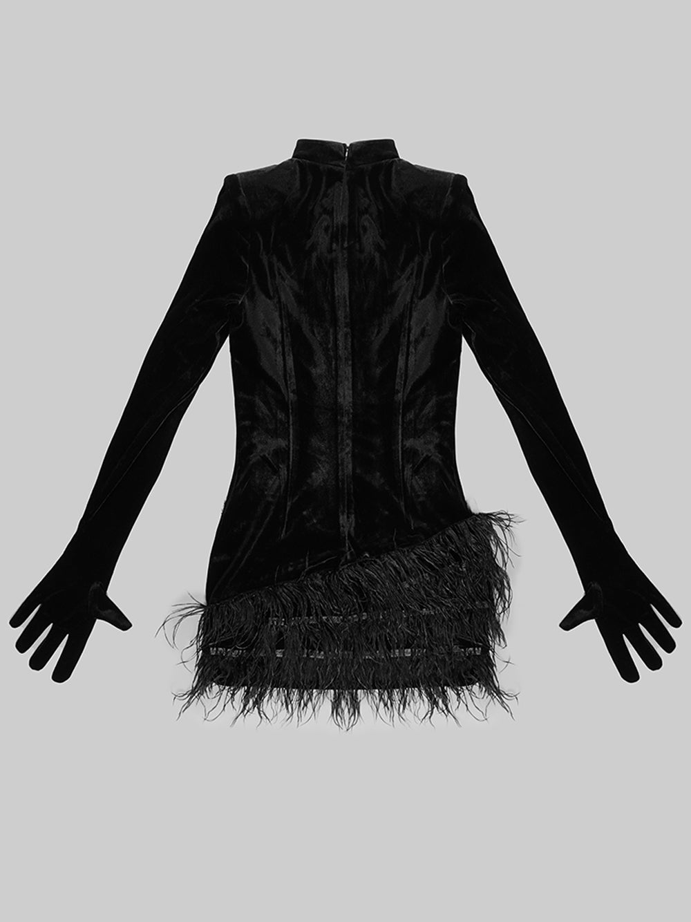 Mock Neck Integrated Glove Sleeve Rhinestone Swirl Feather Hem Mini Dress 4