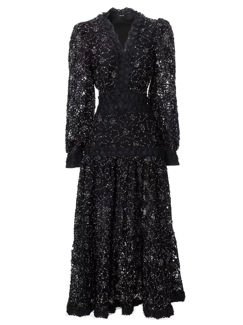V Neck Long Sleeve Tiered Floral Lace Midi Dress