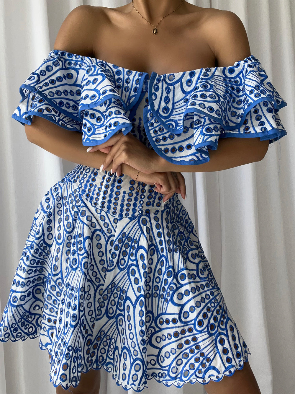 Off Shoulder Ruffle Trim Eyelet Embroidery Corset Fit and Flare Mini Dress 5