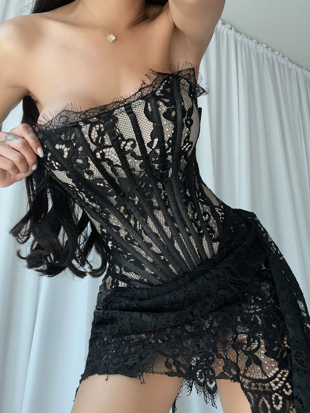 Strapless Sweetheart Corset Boned Floral Lace Draped Mini Dress 2