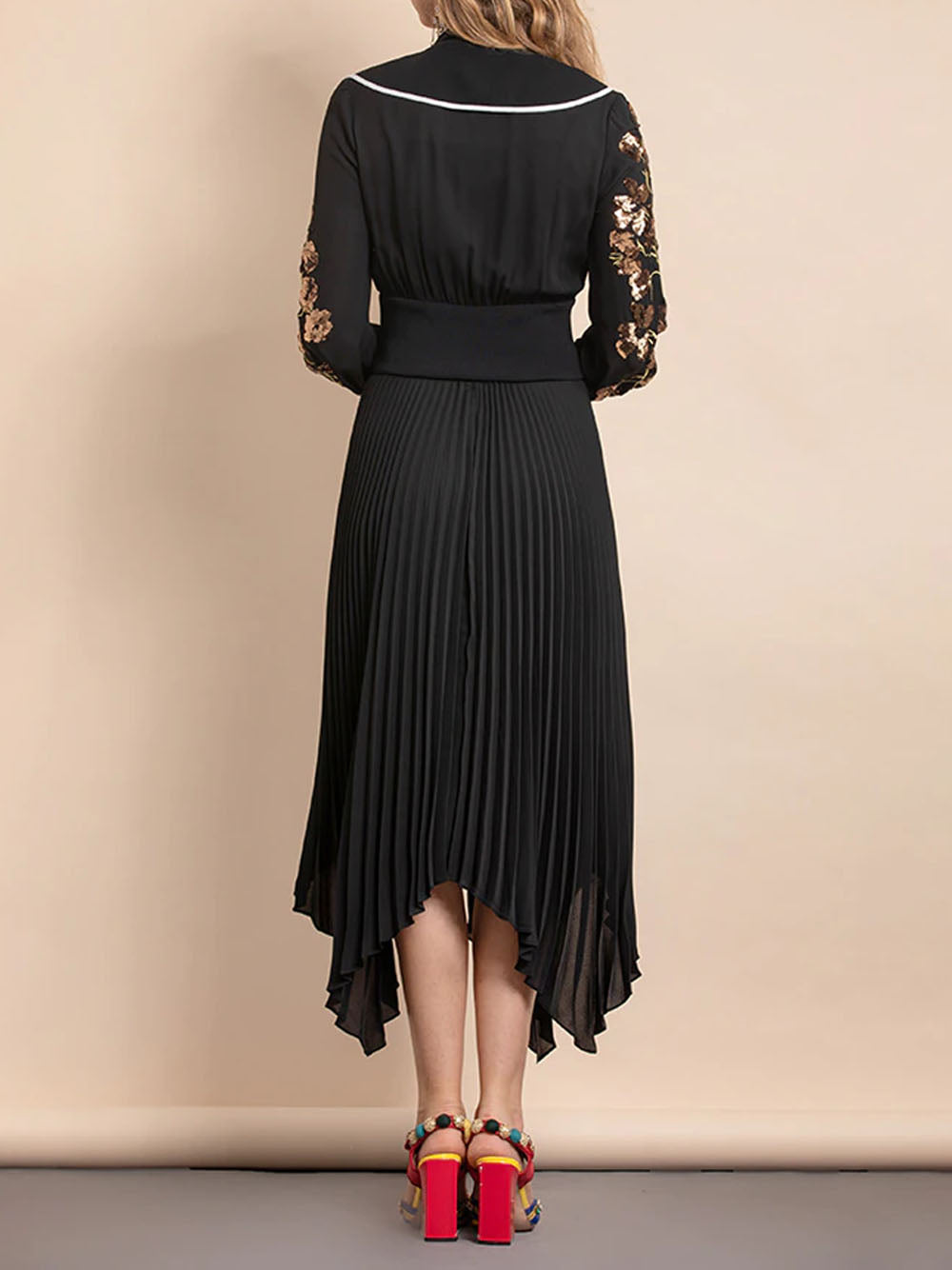 Mandarin Collar Contrast Piping Embroidered Bishop Sleeve Handkerchief Hem Midi Dress 6