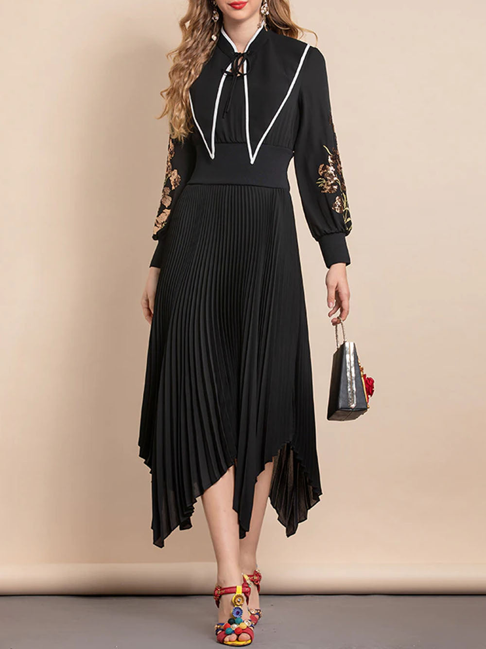 Mandarin Collar Contrast Piping Embroidered Bishop Sleeve Handkerchief Hem Midi Dress 4