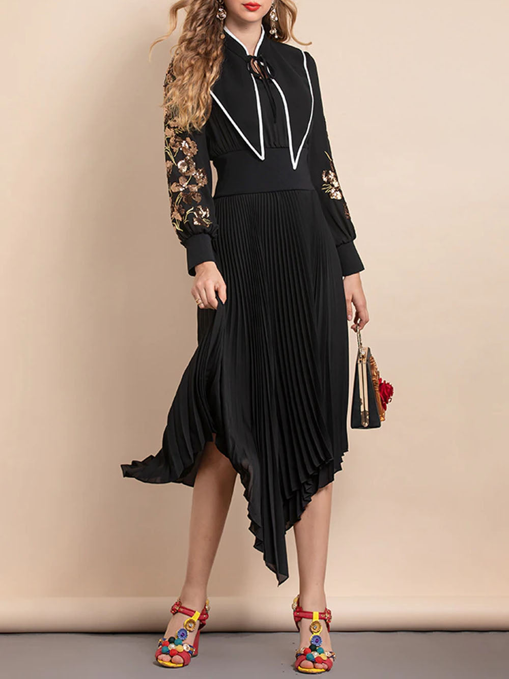 Mandarin Collar Contrast Piping Embroidered Bishop Sleeve Handkerchief Hem Midi Dress 5
