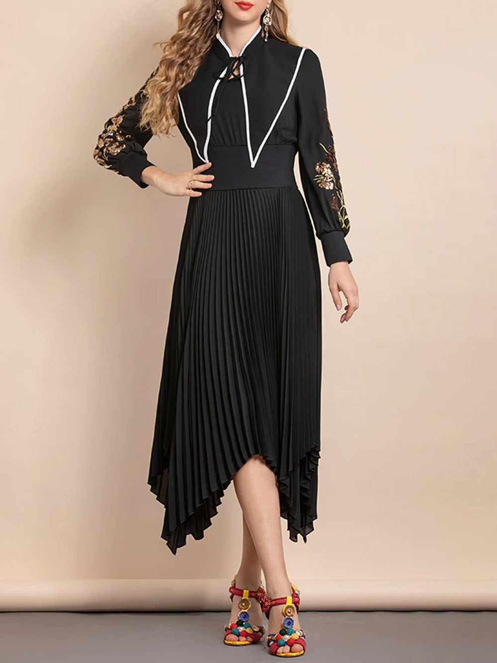 Mandarin Collar Contrast Piping Embroidered Bishop Sleeve Handkerchief Hem Midi Dress 7