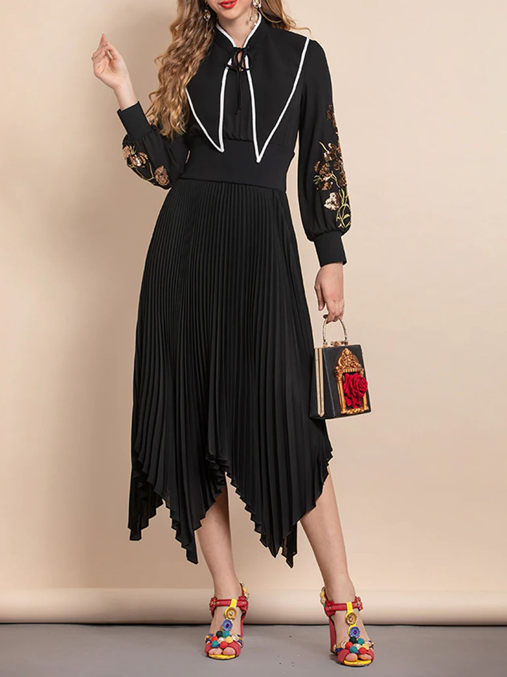 Mandarin Collar Contrast Piping Embroidered Bishop Sleeve Handkerchief Hem Midi Dress 3