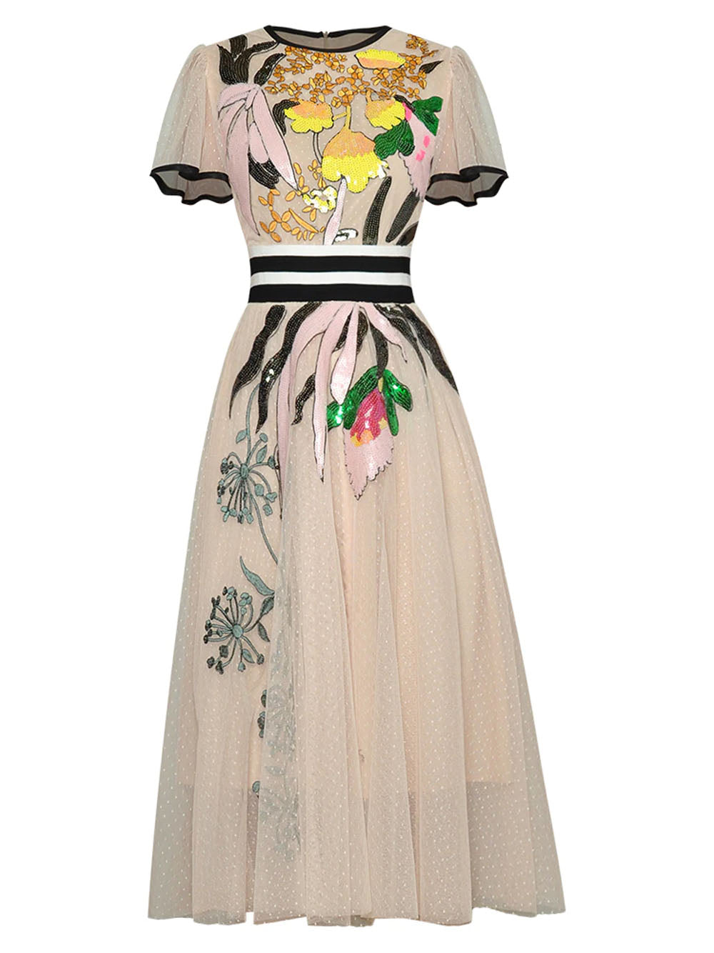 Round Neck Flutter Sleeve Stripe Waistband Floral Tulle Midi Dress 8
