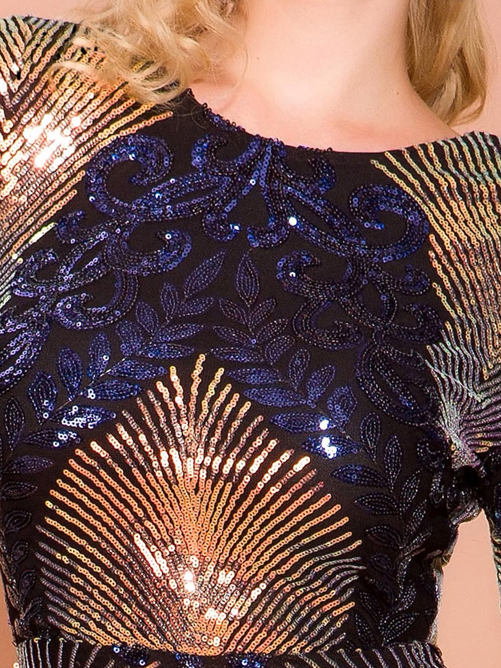 Crew Neck Long Sleeve Iridescent Sequin Fan Motif Bodycon Maxi Dress 8