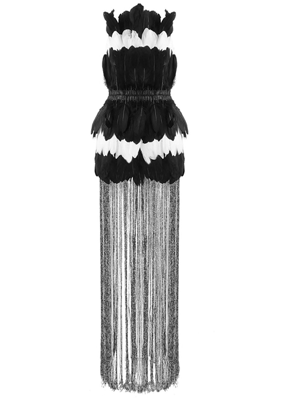 Strapless Layered Feather Mini Skirt Floor Length Fringe Hem Dress 19