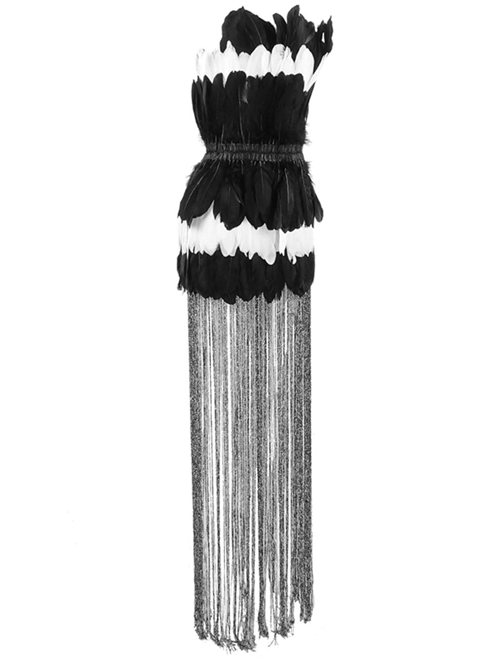 Strapless Layered Feather Mini Skirt Floor Length Fringe Hem Dress 20