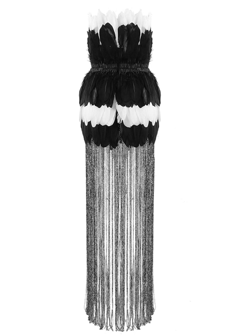 Strapless Layered Feather Mini Skirt Floor Length Fringe Hem Dress 21