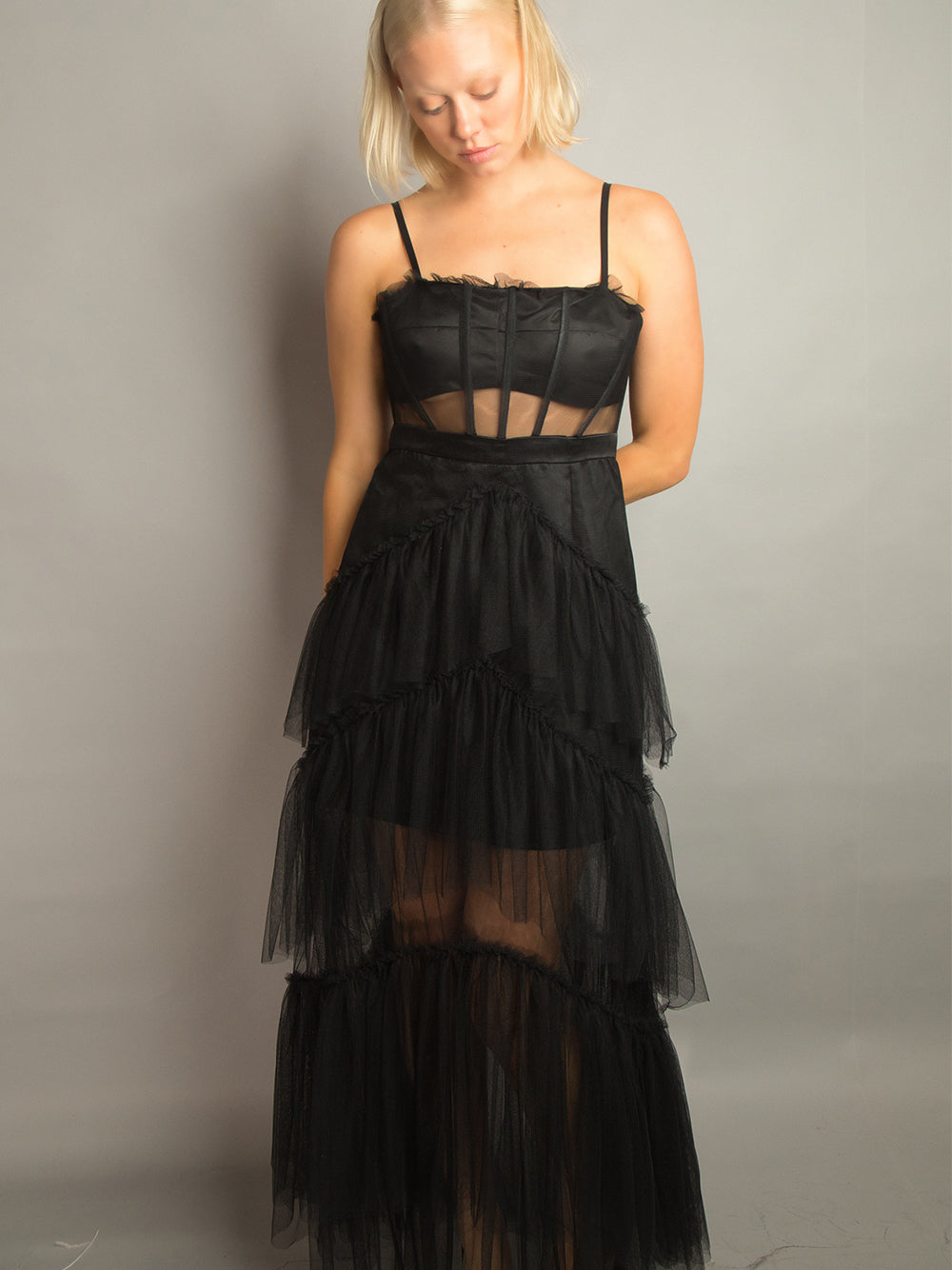 Spaghetti Strap Corset Mesh Panel Chevron Tiered Tulle Maxi Dress