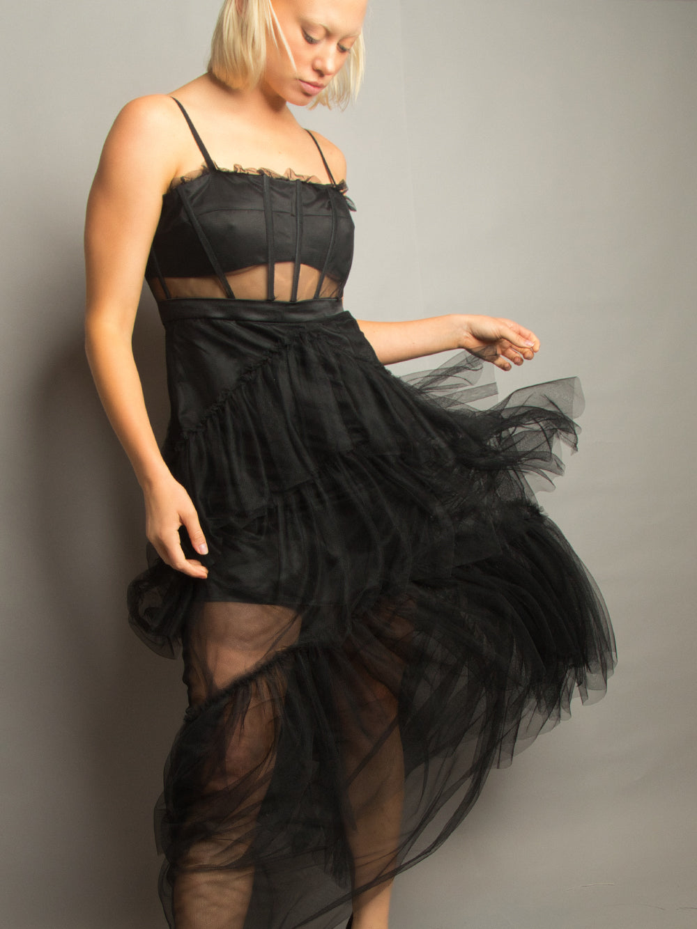 Spaghetti Strap Corset Mesh Panel Chevron Tiered Tulle Maxi Dress 12