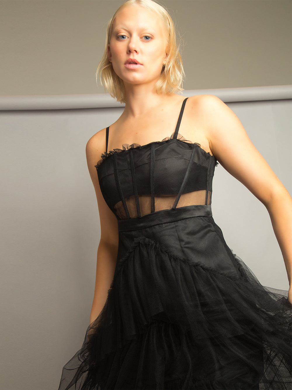 Spaghetti Strap Corset Mesh Panel Chevron Tiered Tulle Maxi Dress 6