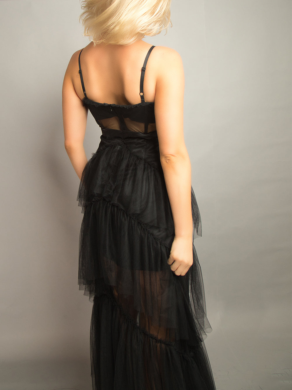 Spaghetti Strap Corset Mesh Panel Chevron Tiered Tulle Maxi Dress 9