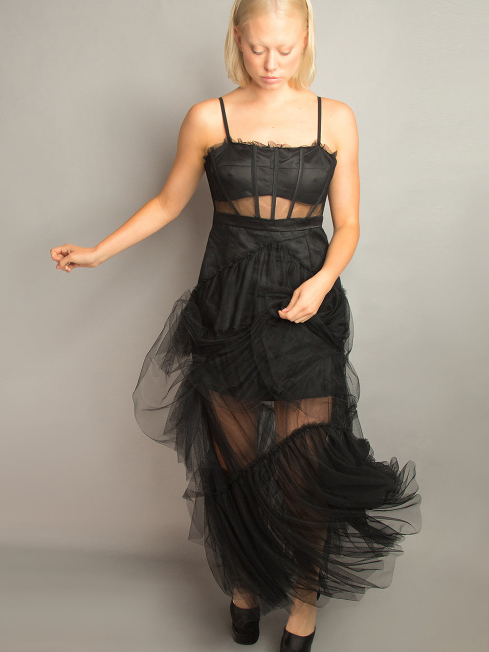 Spaghetti Strap Corset Mesh Panel Chevron Tiered Tulle Maxi Dress 15