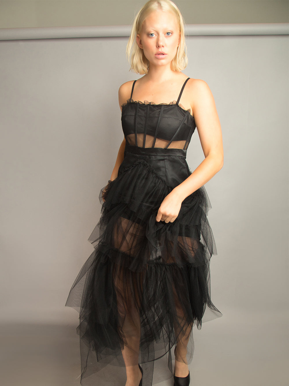 Spaghetti Strap Corset Mesh Panel Chevron Tiered Tulle Maxi Dress 5