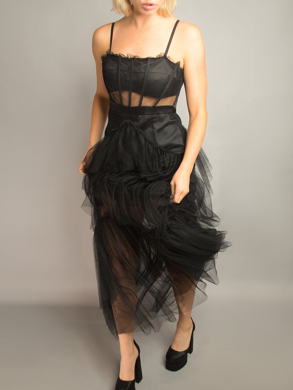 Spaghetti Strap Corset Mesh Panel Chevron Tiered Tulle Maxi Dress 14