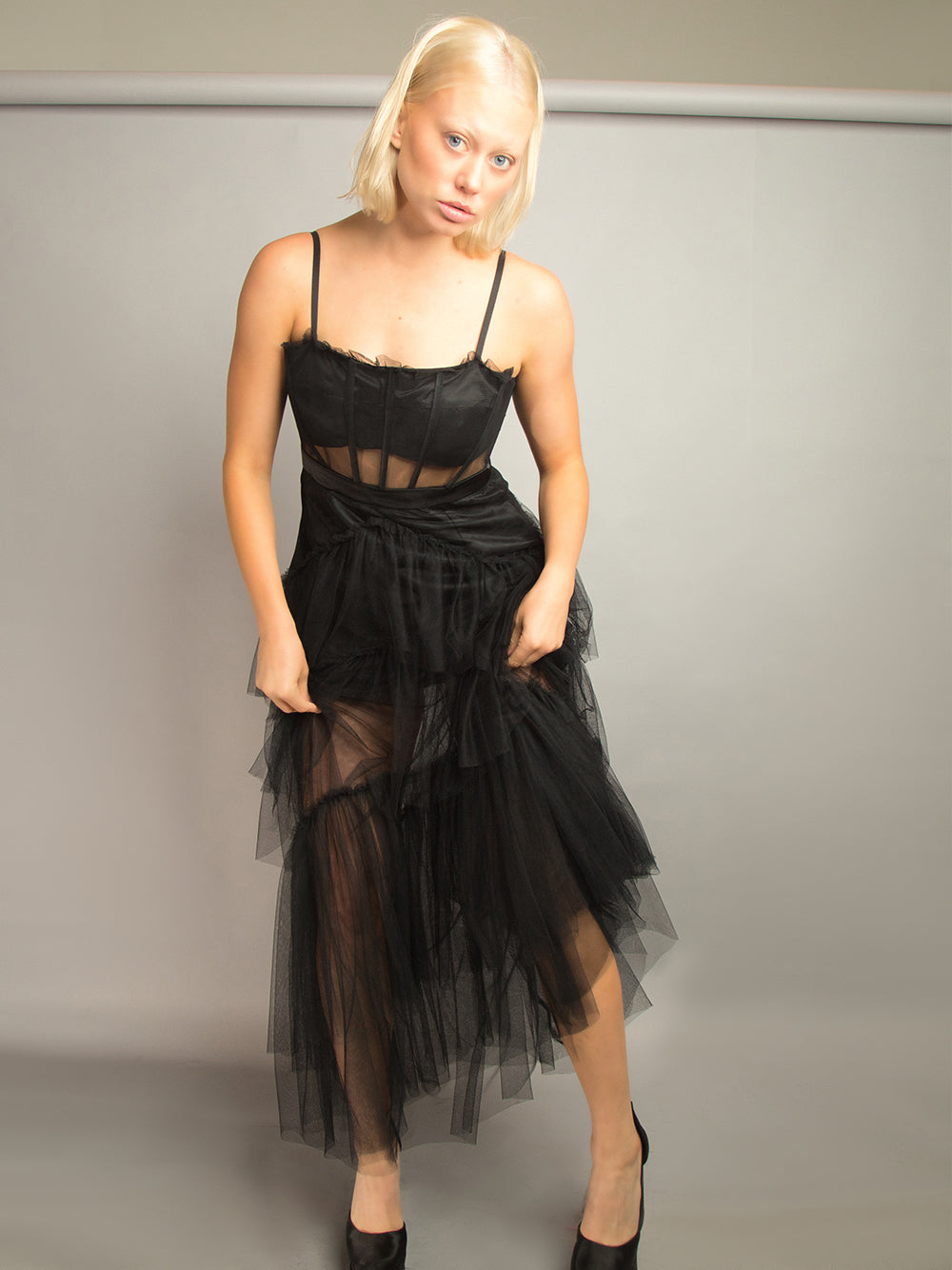 Spaghetti Strap Corset Mesh Panel Chevron Tiered Tulle Maxi Dress 4