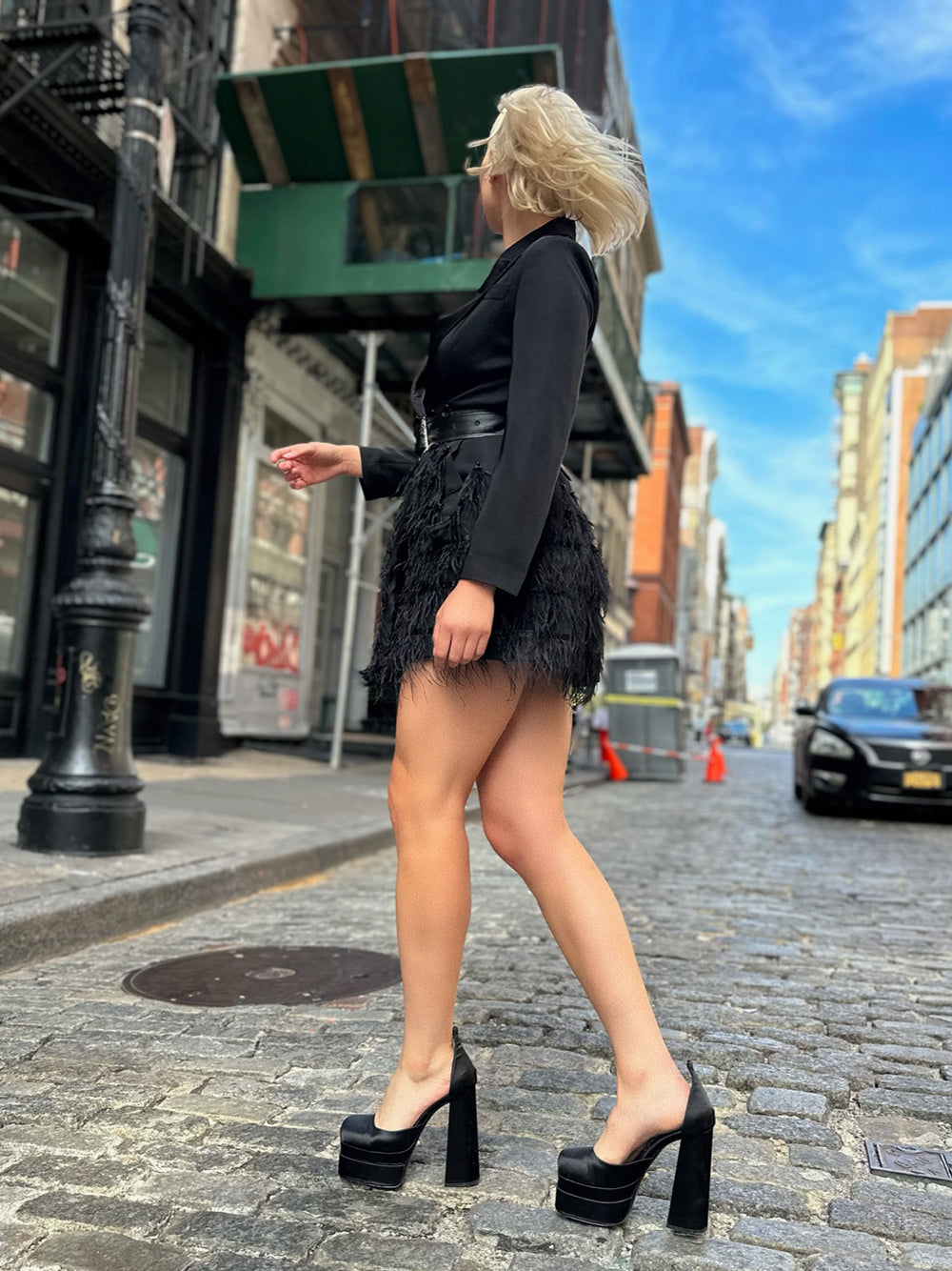 Shawl Lapel Long Sleeve Crystal Buckle Belt Feather Trim Blazer Mini Dress 9